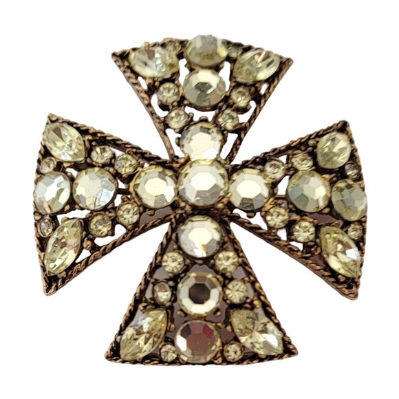 Gold Tone Jonquil Rhinestone Vintage Maltese Cross Brooch Pin E734 - Picture 1 of 10